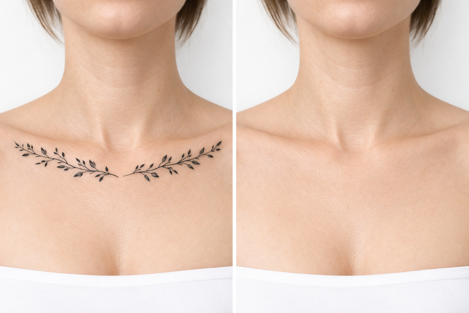 Avant/après détatouage laser : tatouage floral sur la clavicule avant et peau nette après