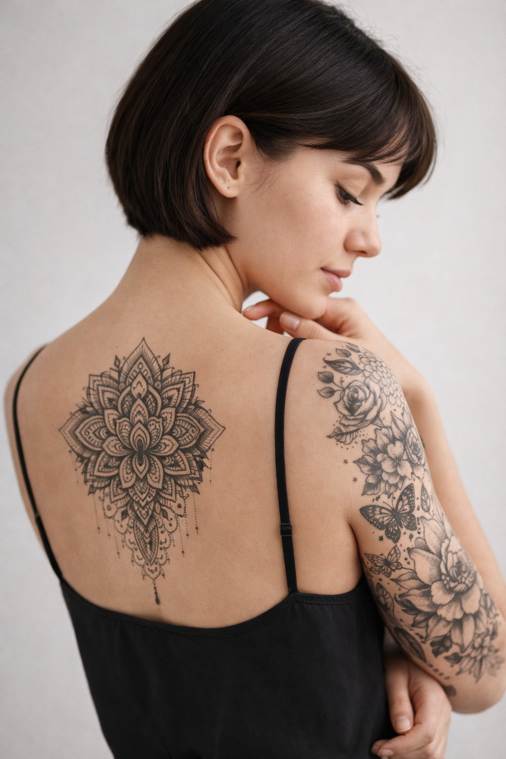 Femme avec de grands tatouages mandala et floral illustrant le nombre de séances de détatouage